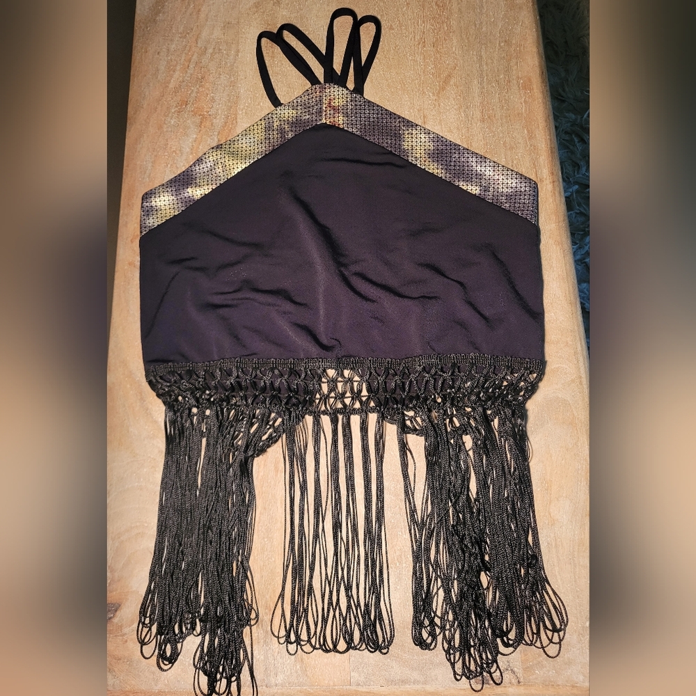 VENUS Black and Gold Sheer Halter Top